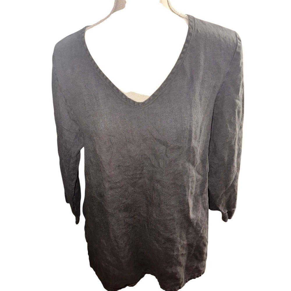 FLAX 100% Linen V-Neck Tunic Top Charcoal Gray 3/4 Sleeve Lagenlook Small